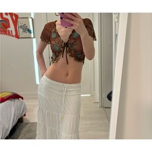 Brown Cropped Tie Front Blouse with Short Sleeves